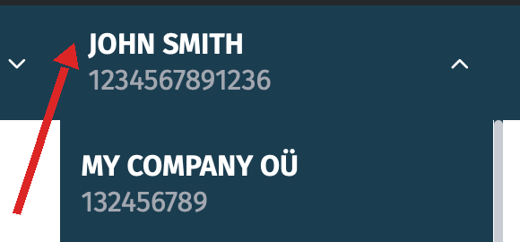 The account dropdown open with an arrow on the account name; the name and company shown are placeholders